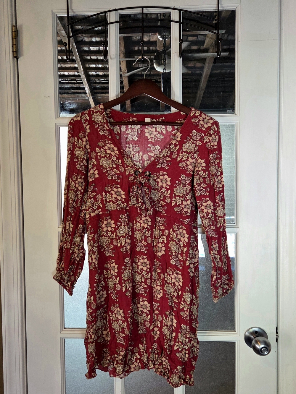 American Eagle Outfitters Red Floral Long-Sleeve Tie-Front Dress